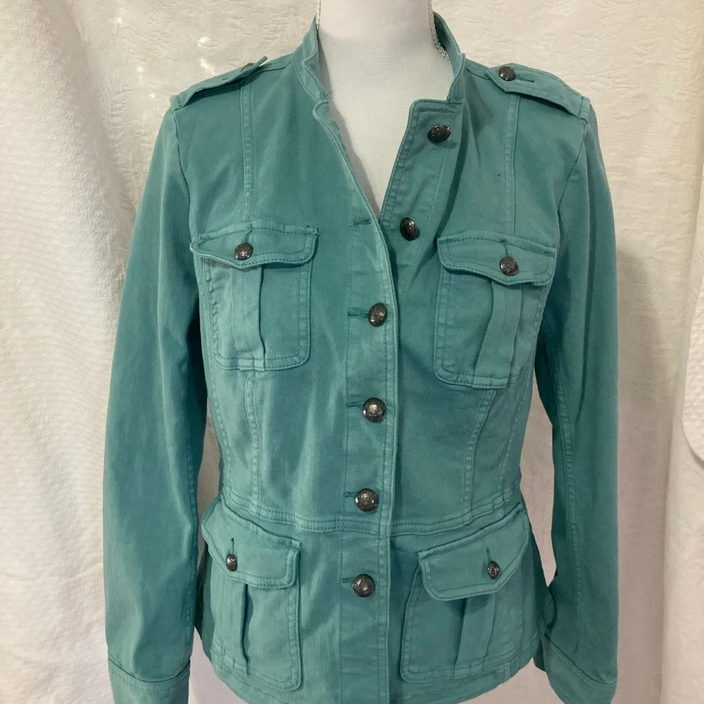 SOLD…Talbots Jacket Jean Jacket Teal Denim Military-Inspired Style, Size Small - Picture 1 of 16